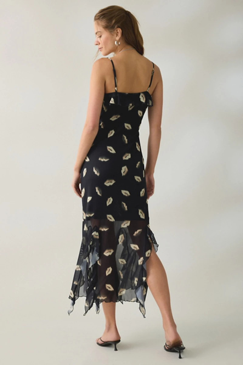 Steve Madden Mariane Midnight Kiss Cascading Ruffle Mesh Midi Dress