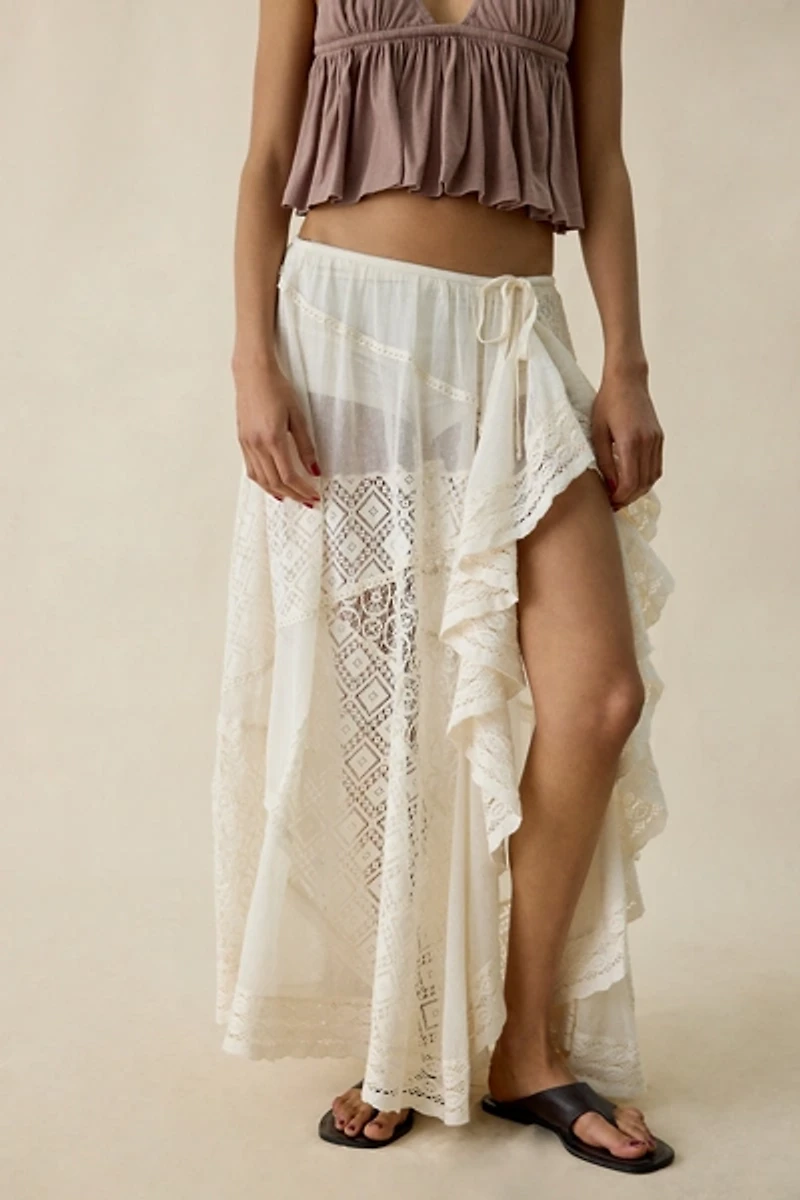 Kimchi Blue Crush On You Sheer Lace Trim Asymmetric Ruffle Maxi Skirt