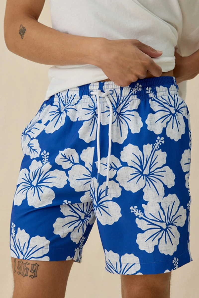 Sano Hibiscus Pattern Macro Chambray 6.5” Swim Trunks