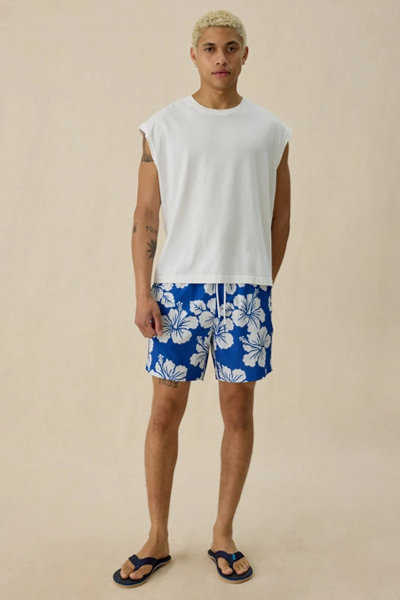 Sano Hibiscus Pattern Macro Chambray 6.5” Swim Trunks
