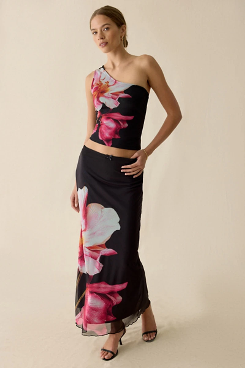 UO Octavia Tropical Floral Graphic Mesh One-Shoulder Top