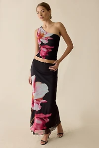 UO Octavia Tropical Floral Graphic Mesh One-Shoulder Top