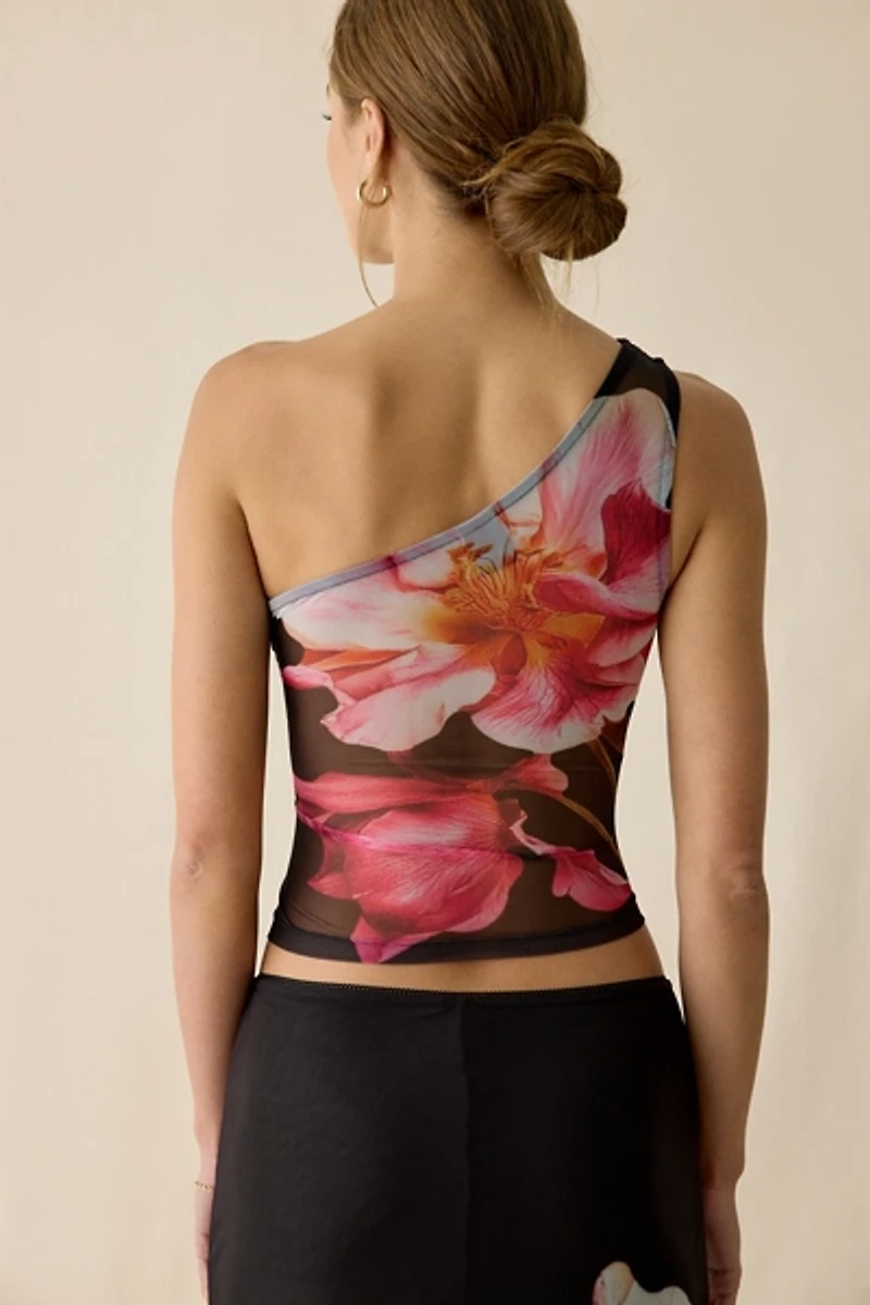 UO Octavia Tropical Floral Graphic Mesh One-Shoulder Top