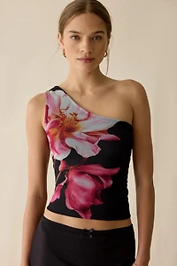 UO Octavia Tropical Floral Graphic Mesh One-Shoulder Top