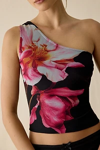 UO Octavia Tropical Floral Graphic Mesh One-Shoulder Top