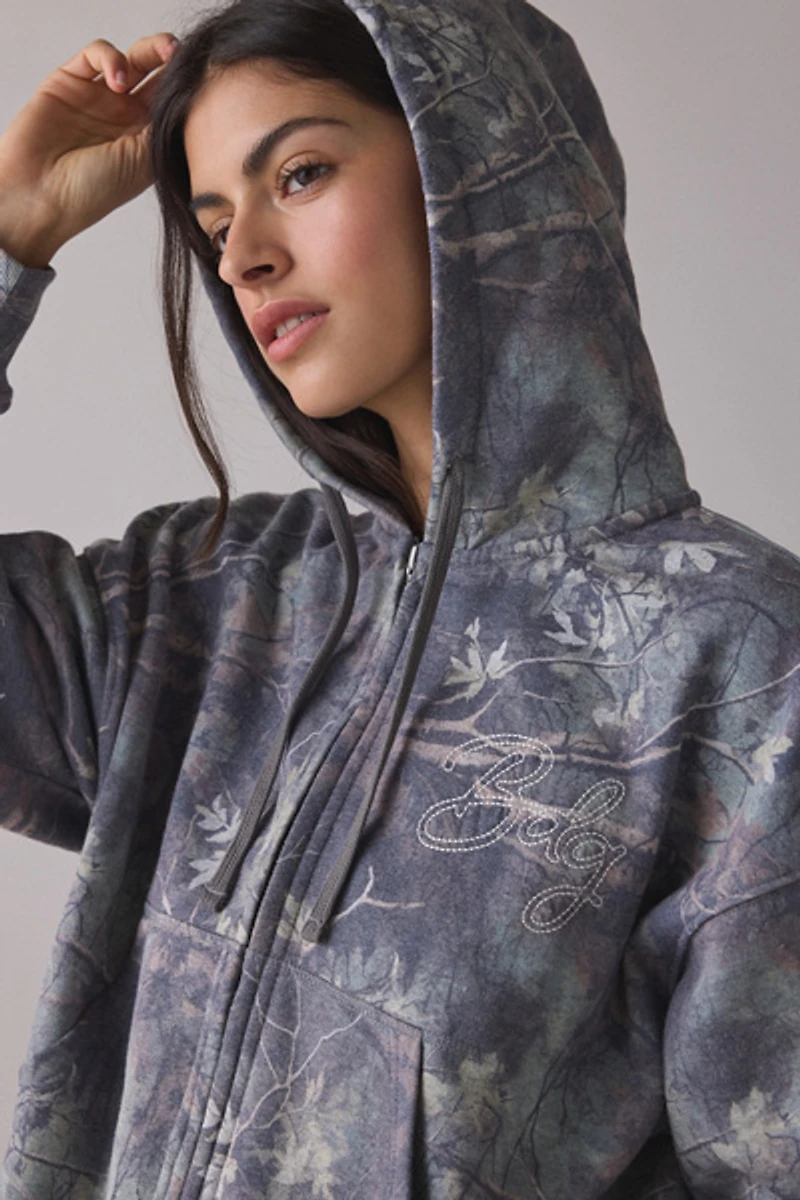 BDG Juniper Leafy Camo Zip-Up Hoodie Sweatshirt