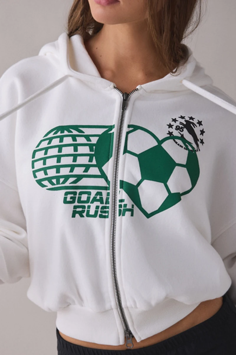 BDG Delaney Goal Rush Graphic Cropped Zip-Up Hoodie Sweatshirt