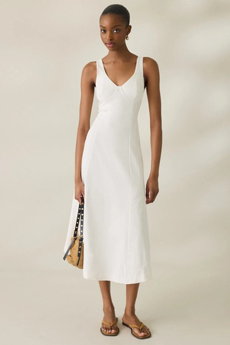 Ghospell Lula Plunging Seamed Denim Midi Dress