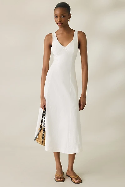 Ghospell Lula Plunging Seamed Denim Midi Dress