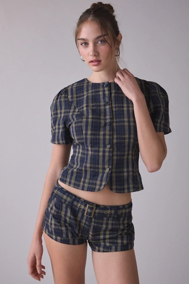 Lioness Femme Plaid Short Sleeve Button-Front Blouse