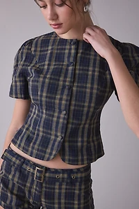 Lioness Femme Plaid Short Sleeve Button-Front Blouse