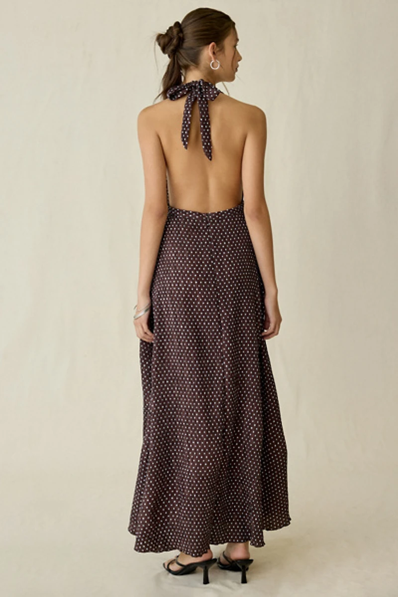 Lioness Distract Open-Back Plunging Halter Polka Dot Maxi Dress