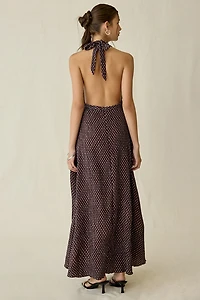 Lioness Distract Open-Back Plunging Halter Polka Dot Maxi Dress