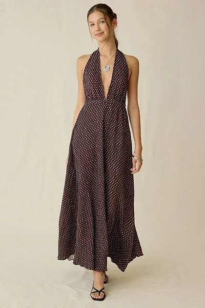 Lioness Distract Open-Back Plunging Halter Polka Dot Maxi Dress