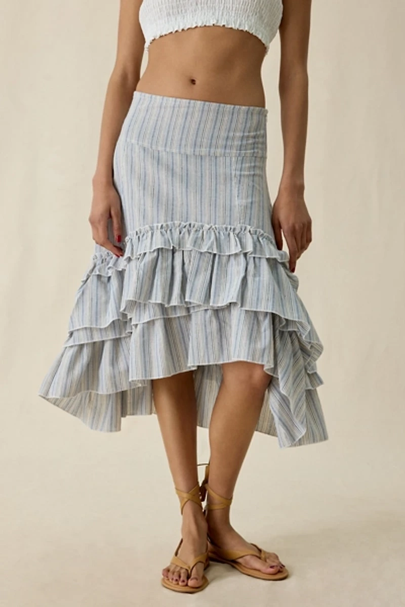 Daisy Street Seren Asymmetric Tiered Ruffle High-Low Midi Skirt