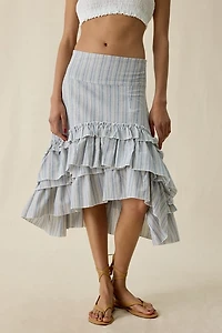 Daisy Street Seren Asymmetric Tiered Ruffle High-Low Midi Skirt