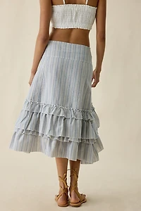 Daisy Street Seren Asymmetric Tiered Ruffle High-Low Midi Skirt