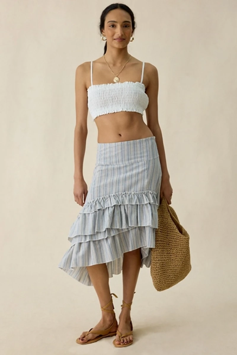 Daisy Street Seren Asymmetric Tiered Ruffle High-Low Midi Skirt