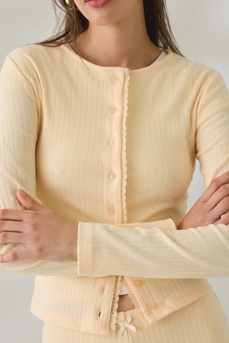 Daisy Street Lemon Drop Lace Trim Pointelle Cardigan
