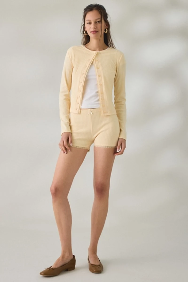 Daisy Street Lemon Drop Lace Trim Pointelle Cardigan