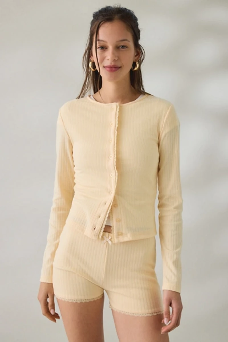 Daisy Street Lemon Drop Lace Trim Pointelle Cardigan