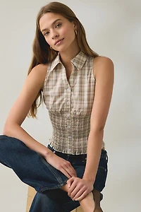 Daisy Street Bibi Smocked Sleeveless Button-Down Top