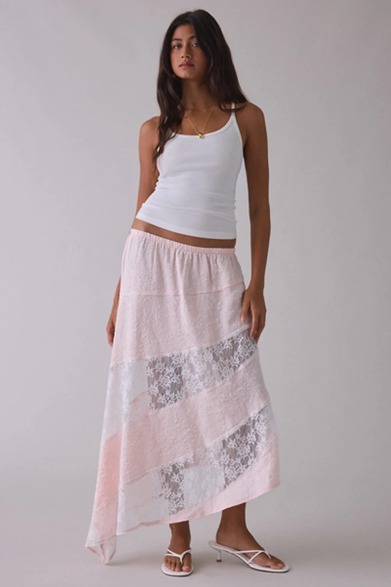 Daisy Street Solene Asymmetric Spliced Lace Maxi Skirt
