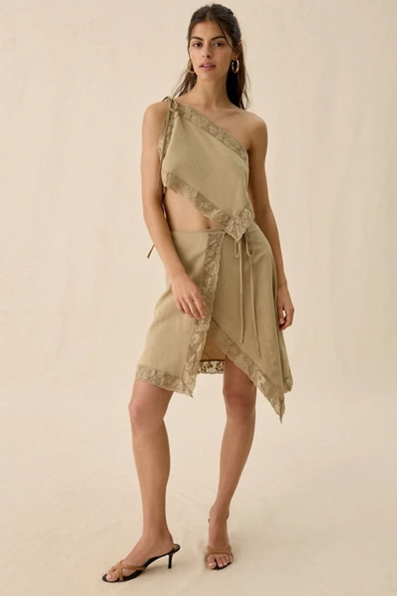 Muse Assembly Rae Lace Trim Asymmetric Scarf Top