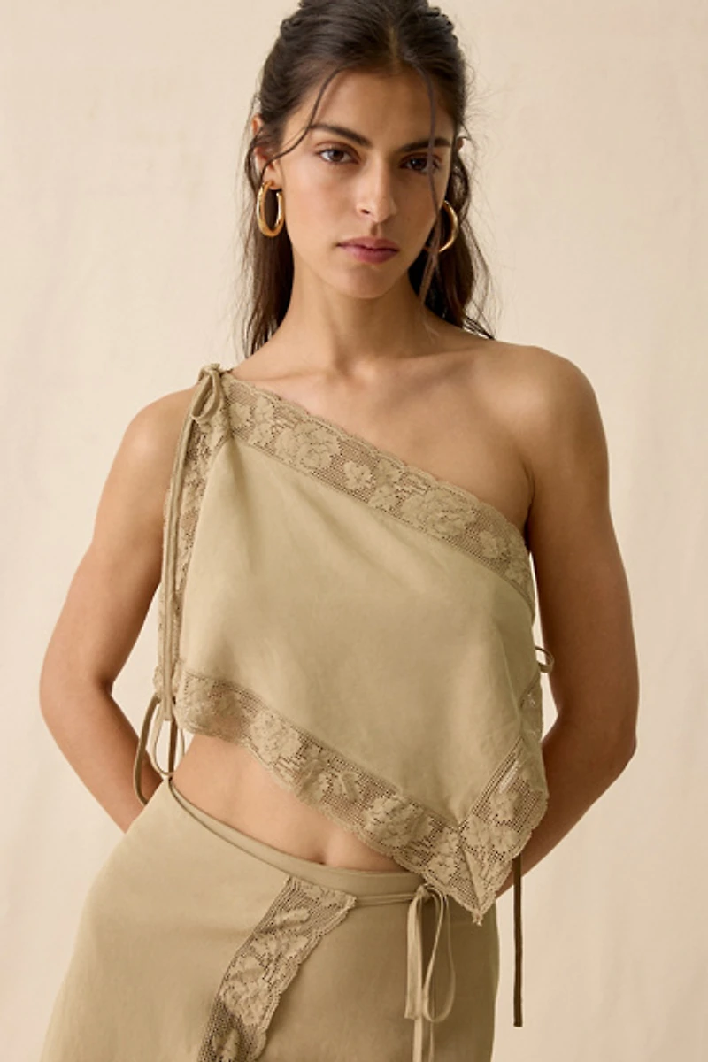 Muse Assembly Rae Lace Trim Asymmetric Scarf Top