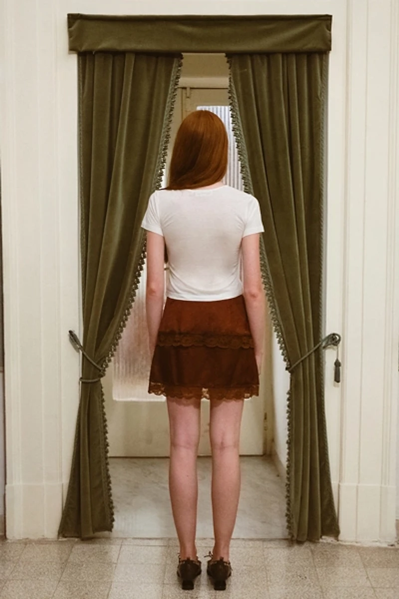 Muse Assembly Pammy Foldover Lace Trim Satin Mini Skirt