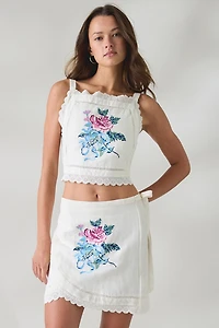 Muse Assembly Etta Floral Embroidered Tie-Back Crop Top