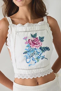 Muse Assembly Etta Floral Embroidered Tie-Back Crop Top
