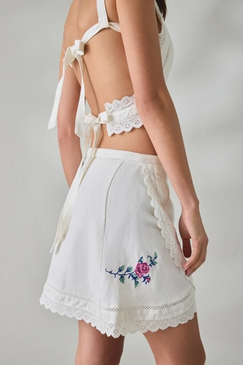 Muse Assembly Etta Floral Embroidered Wrap Mini Skirt