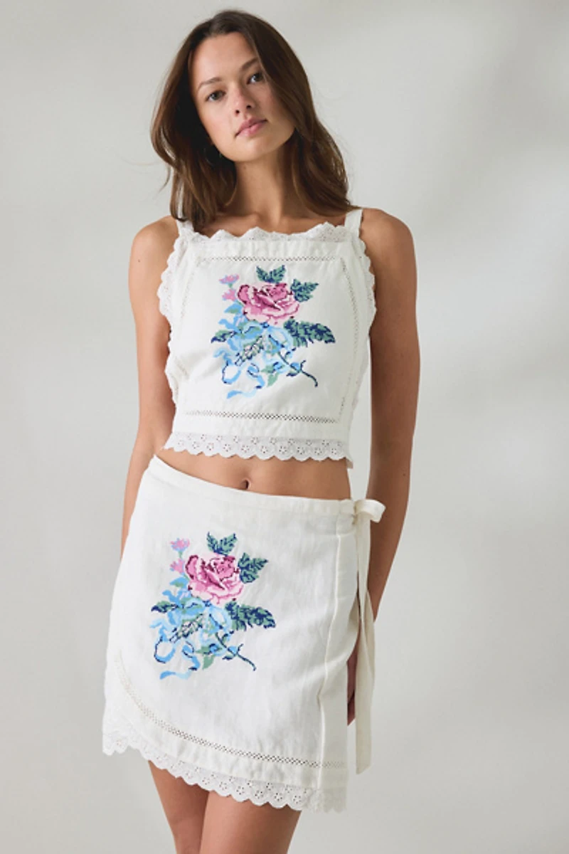 Muse Assembly Etta Floral Embroidered Wrap Mini Skirt