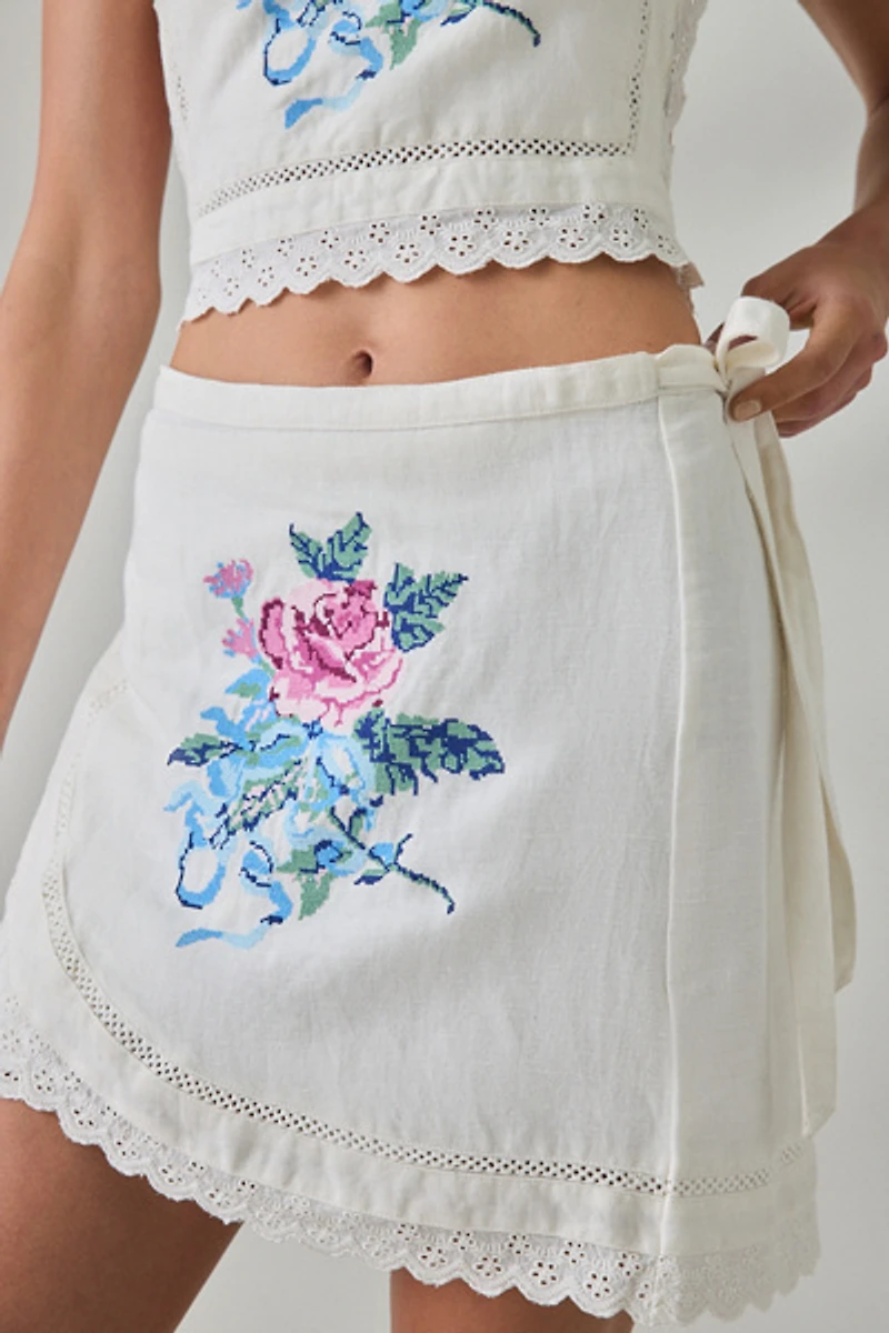 Muse Assembly Etta Floral Embroidered Wrap Mini Skirt