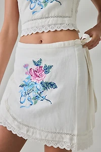 Muse Assembly Etta Floral Embroidered Wrap Mini Skirt