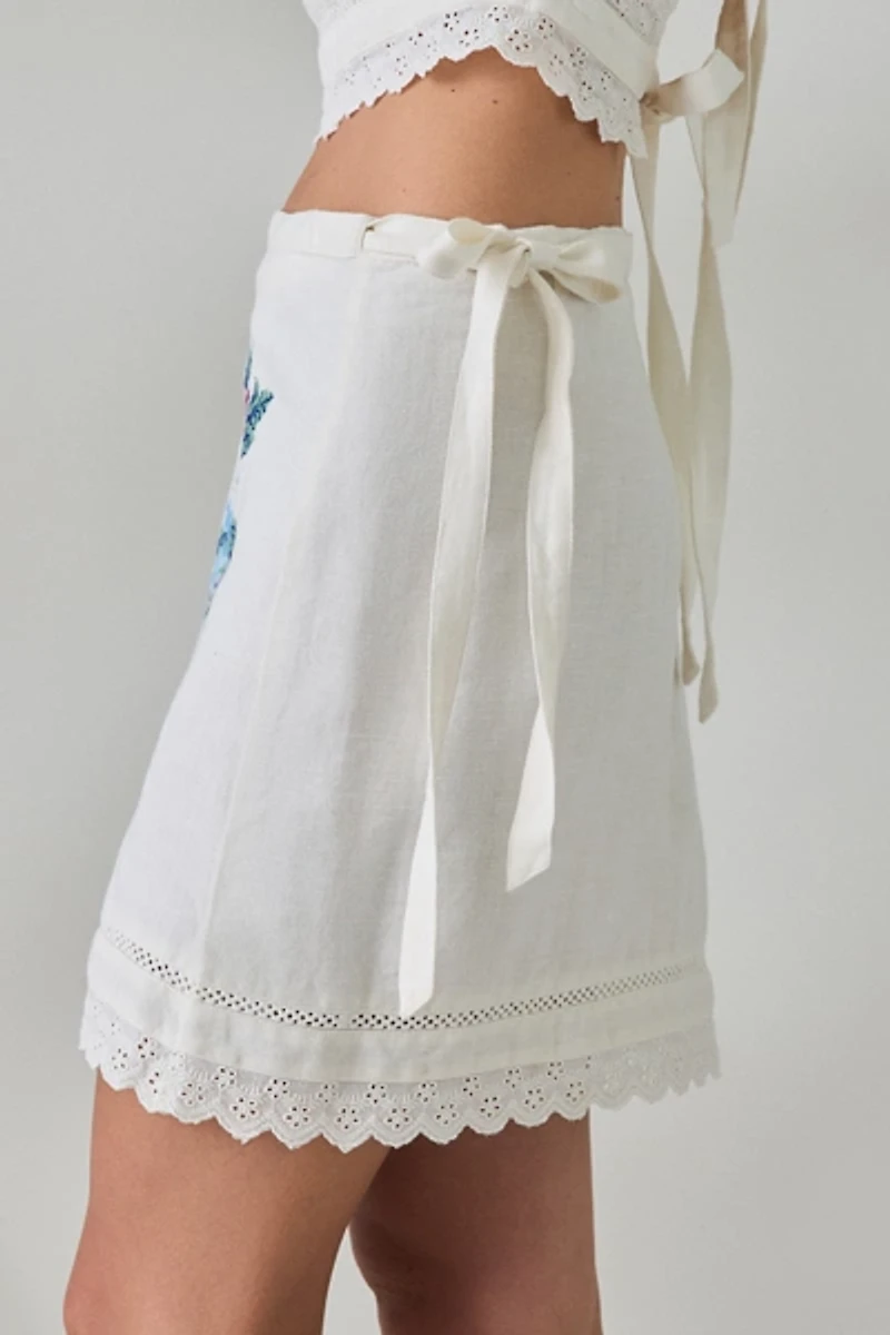 Muse Assembly Etta Floral Embroidered Wrap Mini Skirt
