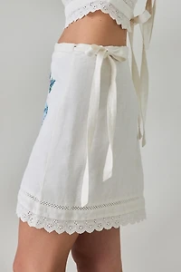 Muse Assembly Etta Floral Embroidered Wrap Mini Skirt