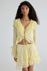 Muse Assembly Ivy Cascading Ruffle Tie-Front Flyaway Blouse