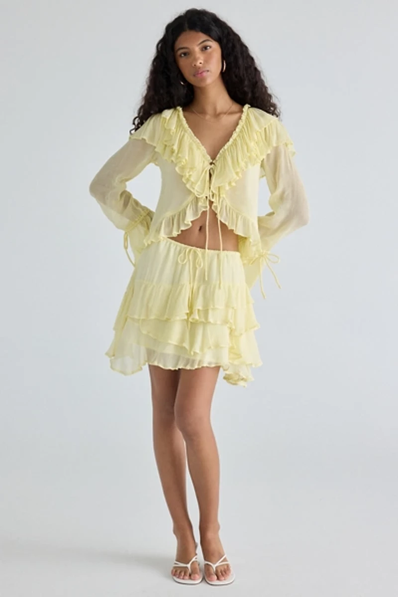 Muse Assembly Ivy Cascading Ruffle Tie-Front Flyaway Blouse