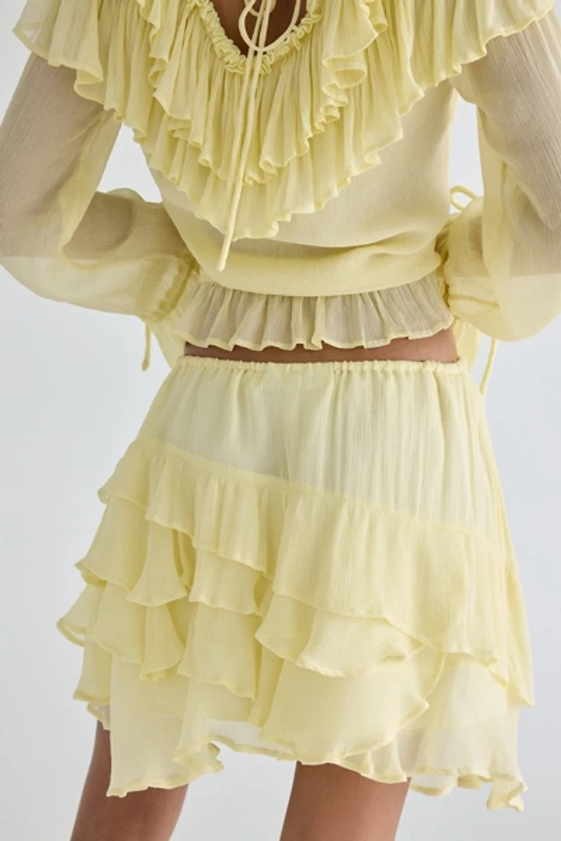 Muse Assembly Ivy Asymmetric Cascading Ruffle Mini Skirt