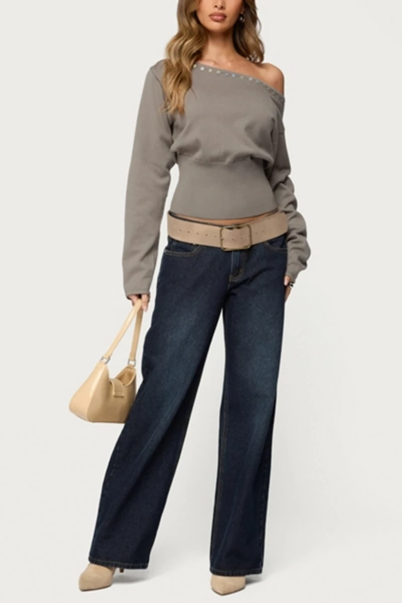 Edikted Carmela Iridescent Button Off Shoulder Sweater