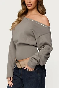Edikted Carmela Iridescent Button Off Shoulder Sweater