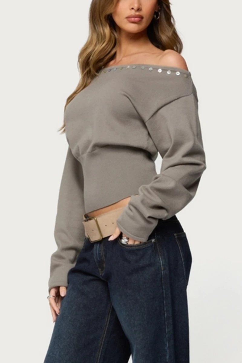 Edikted Carmela Iridescent Button Off Shoulder Sweater