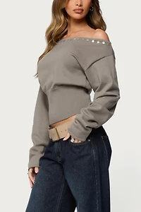 Edikted Carmela Iridescent Button Off Shoulder Sweater