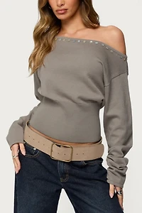 Edikted Carmela Iridescent Button Off Shoulder Sweater
