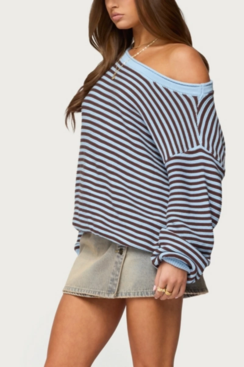 Edikted Averi Striped Oversized Off Shoulder Sweater
