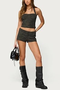 Edikted Taia Distressed Faux Leather Micro Shorts