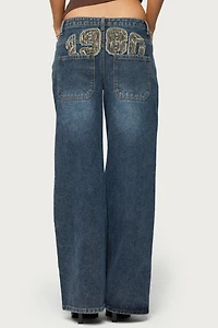 Edikted 1980 Leopard Patch Low Rise Baggy Jeans