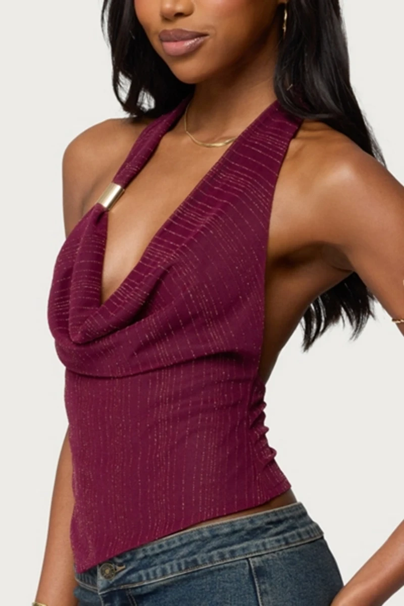 Edikted Mimi Asymmetric Textured Mesh Halter Top